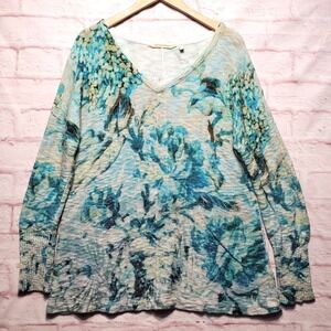 Soft Surroundings Sweater Womens Large Blue Floral 100% Cotton Knit Feminine Top